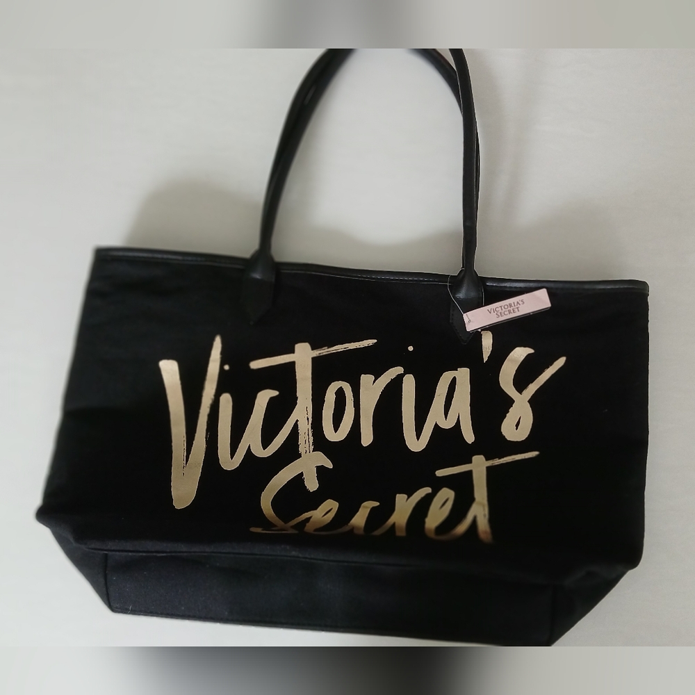 Victoria’s Secret Black Canvas Tote with Gold Logo & Animal Print Lining